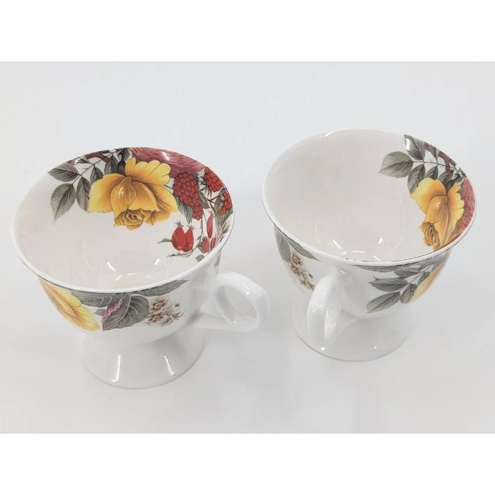 Stechcol Gracie Bone China Vintage White Floral Berries Roses Teacups Set of 2